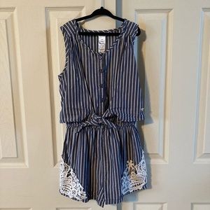 Bebe Girls Blue&White Stripe Romper With Appliqués